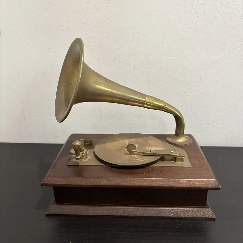 Vintage Gramophone Style Music Box Wood Brass Horn Works Decor Victorian Style